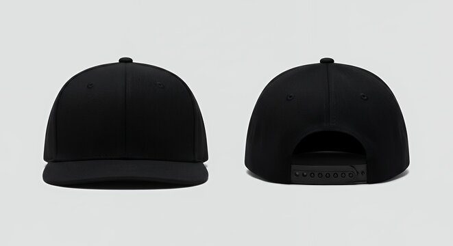 A blank black snapback baseball cap shown from the front and back view for apparel design and branding.