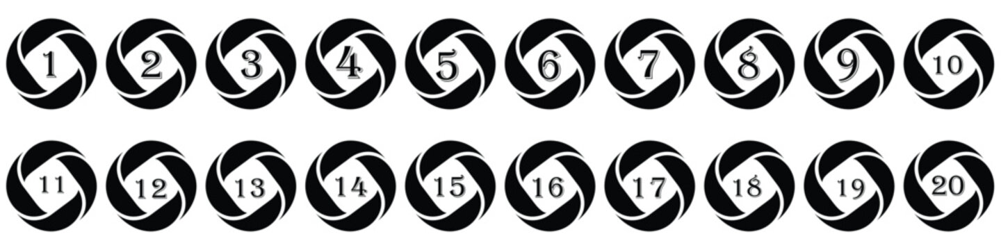 Set of twenty black circular lens aperture shutter icons with numbered labels from one to twenty for photography camera settings UI interface..