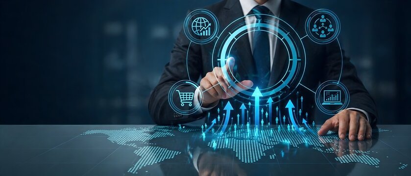 Business growth success path with glowing arrow and digital futuristic concept