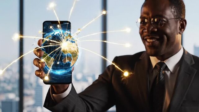 Businessman uses smartphone to interact with globe displaying connections in modern office setting
