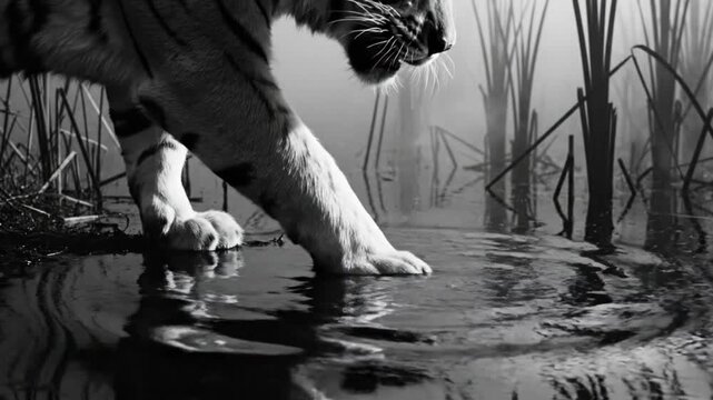 Black and white tiger cautiously testing the water in wetland environment before drinking during the day