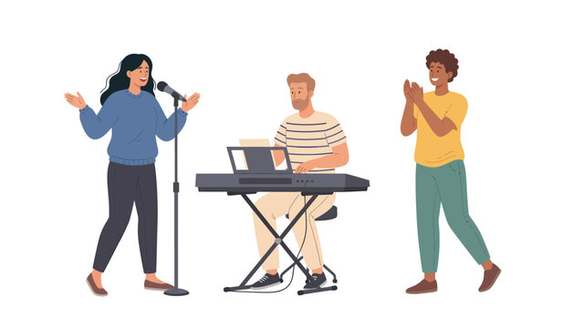 Live music performance with a singer, keyboardist, and an applauding person. Musical event illustration.