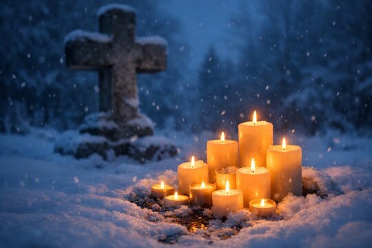 Lit candles in snow with a cross in the background. Winter memorial setting for remembrance and contemplation. Candlelight vigil concept.
