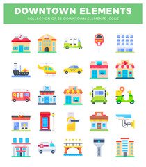 Naklejka premium colorful flat icon illustrations representing downtown urban elements and transportation