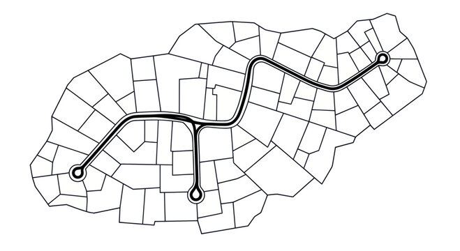 Urban planning map with roads and residential blocks, black and white illustration