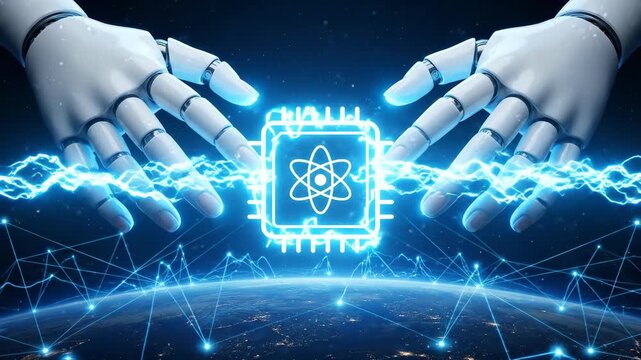 Robot hand quantum computing artificial intelligence microchip. Quantum computing network security, physics next generation cyberspace, processor computer, algorithm, infrastructure, datum, AI