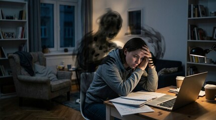 Fototapeta premium Man sitting at desk stressed with papers and laptop while ghostly figure looms behind him in living room at night.