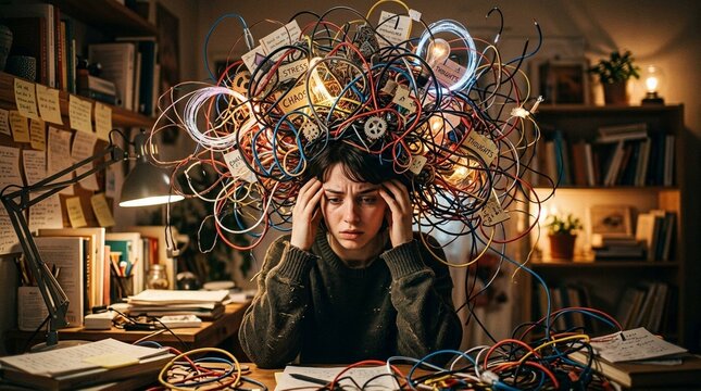 Person overwhelmed by chaotic thoughts and disorganized workspace in cluttered office