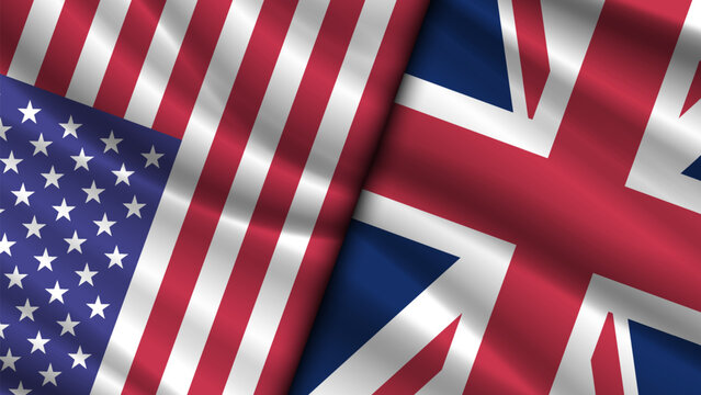 Vector wavy flags of United States of America and Great Britain. American and English political banner. Relations between countries