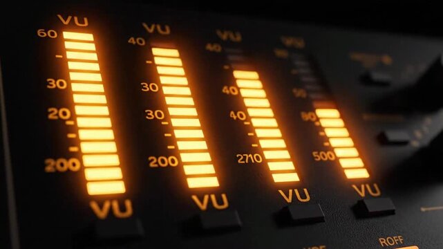 Thin vu meters glow amber while audio signal levels fluctuate in a loop with b vsrexport processing