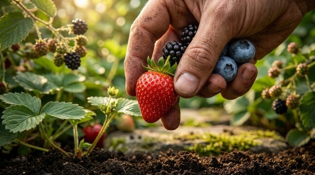 Hand picking fresh berries from garden