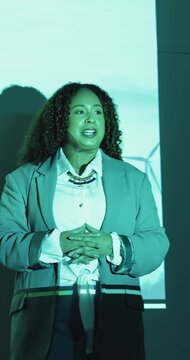 Sustainability, presentation and woman at conference, speaking and seminar for climate change. Speaker, person and employee at workshop, feedback for ecology research and eco friendly innovation