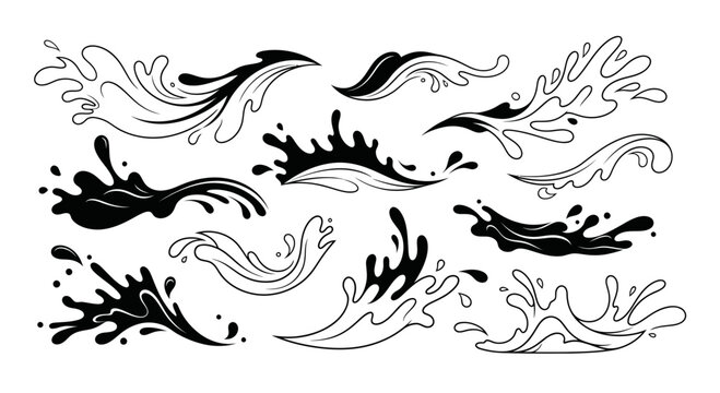 Black and White Water Splashes Vector Set - Abstract Liquid Elements