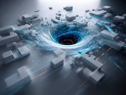 Glowing data vortex converging into a futuristic digital black hole