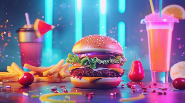Vibrant fast food setup with burger, fries, and colorful drinks