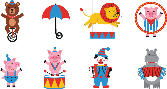 Vector Illustration of Circus Performers and Animals Including Bear, Lion, Clown, and Acrobatic Pig for Entertainment, Circus, and Fun Designs