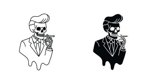 Dapper skeleton in suit smoking cigar illustration featuring vintage style character design in line art and solid black silhouette for creative apparel graphics or edgy branding design projects