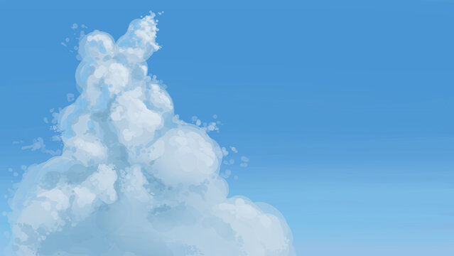 Summer blue sky and big cumulonimbus clouds, hand-drawn illustration / 夏の青空と大きな入道雲の手描きイラスト