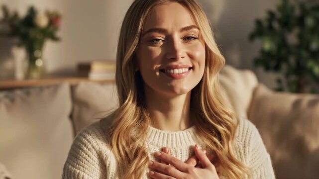 Young woman smiles while holding folded hands in a cozy living room during afternoon