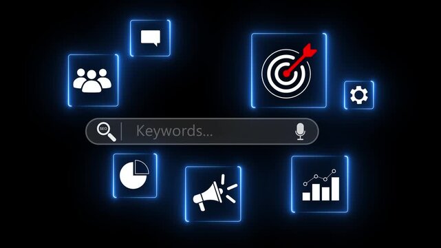 Search marketing and keywords optimization concept with businessman using stylus on digital interface showing SEO, targeting. Motion graphics of Search bar concept