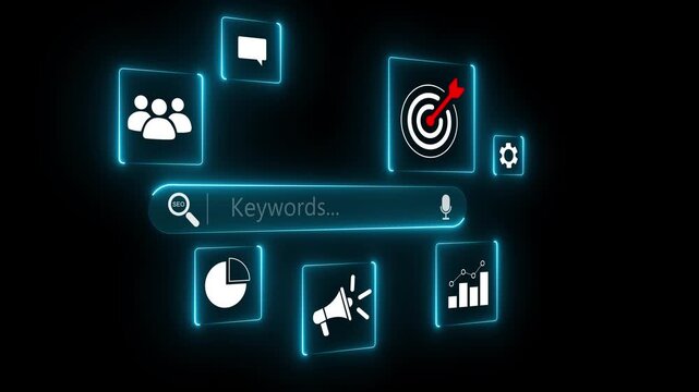 Search marketing and keywords optimization concept with businessman using stylus on digital interface showing SEO, targeting. Motion graphics of Search bar concept