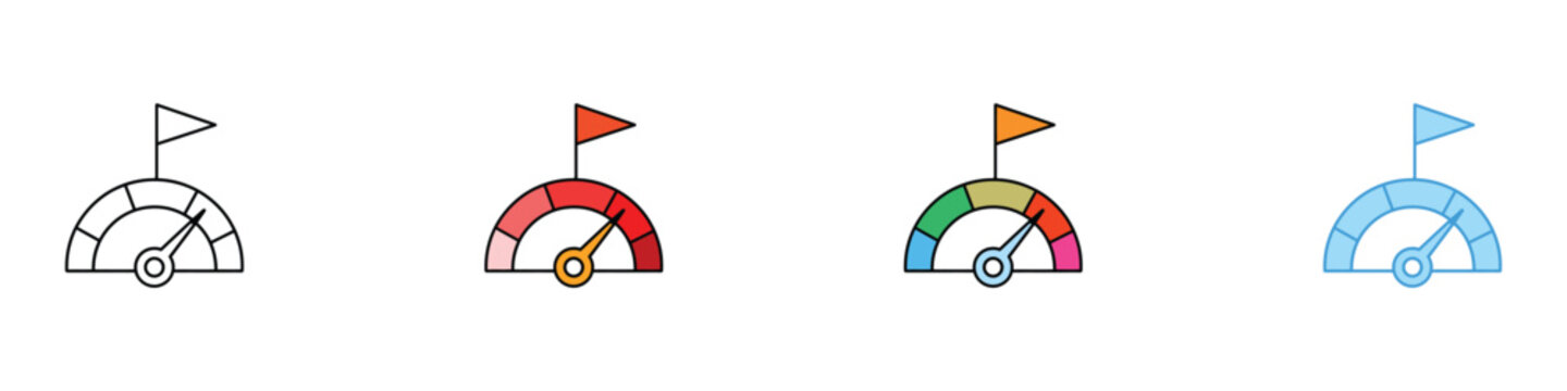 Performance speedometer with flag icon set. Isolated vector illustration of gauge meter with arrow and goal flag for business KPI and speed measurement design.