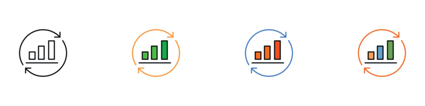 Data update and progress bar icon set. Isolated vector illustration of bar chart with circular refresh arrows for financial growth and analytics design.