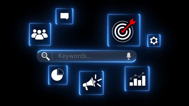 Search marketing and keywords optimization concept with businessman using stylus on digital interface showing SEO, targeting. Motion graphics of Search bar concept
