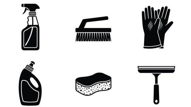 Household Cleaning Tools and Supplies Icons Set - Spray Bottle, Brush, Gloves, Detergent, Sponge, Squeegee