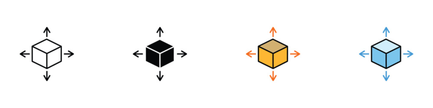 Dimension icon set. Isolated vector illustration of isometric box and four direction arrows for geometry and AR design.