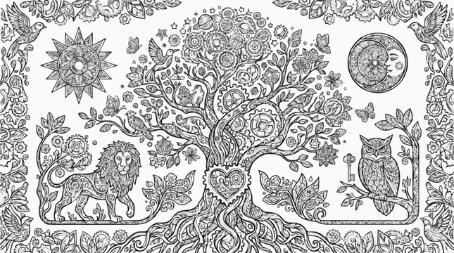Intricate Tree of Life Illustration with Mechanical Gears, Lion, Owl, and Celestial Sun and Moon Symbols in Black and White Line Art.