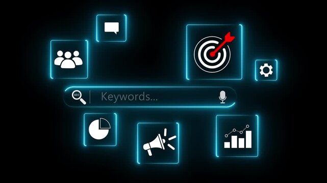 Search marketing and keywords optimization concept with businessman using stylus on digital interface showing SEO, targeting. Motion graphics of Search bar concept