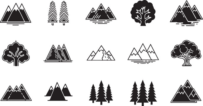 Nature Icons Collection: A collection of iconic silhouettes including mountain and tree designs for logo or decoration purpose