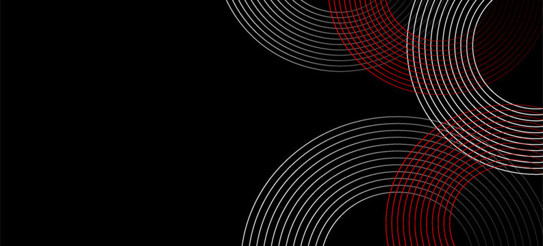 Abstract grey and red circle line vector on dark background. Modern simple overlap circle lines texture creative design. Suit for poster, cover, banner, flyer, brochure, presentation, website