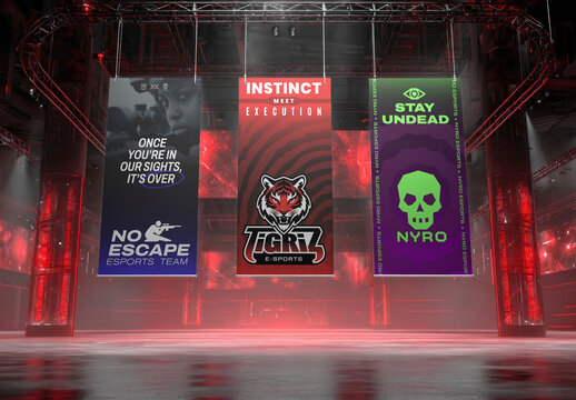 Esports Banners Mockup In Futuristic Arena PSD