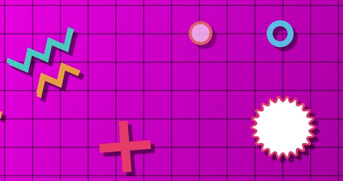 Memphis style noen themed nostalgic retro-themed accent shapes bg in 4K. Random geometric shapes moving grid 90s styled modern touch. Minimal pattern abstract movement. Choatic VCR pixelated.
