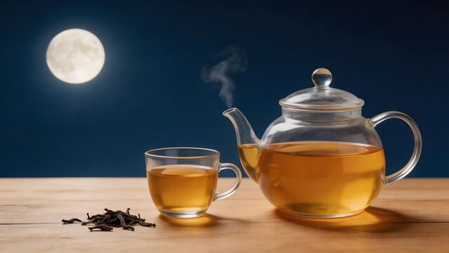 Tea set with moonlit background