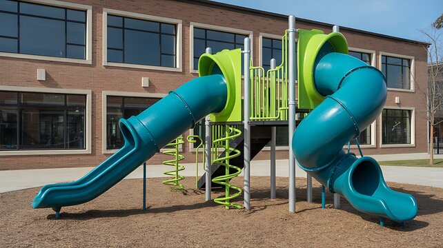 Colorful playground with slides and climbing structures in schoolyard, outdoor children play area with modern equipment and bright design