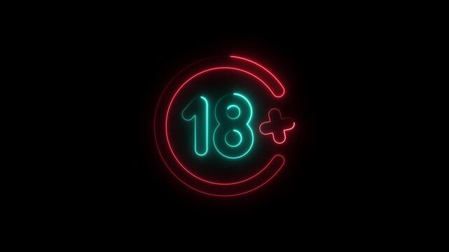 Glowing Neon Number 18 in Circular Frame on Dark Background, 18+ Adult Sign, Modern Abstract Design. 18 Plus Adult Concept, Modern Abstract Art Flickering 