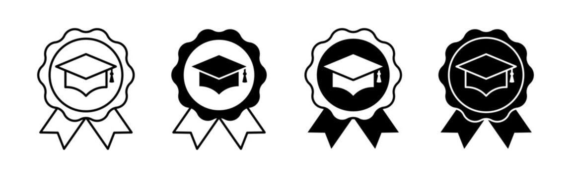 Graduation cap badge icon collection in monochrome styles representing education academic achievement and learning concept