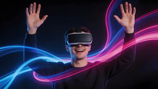 Man wearing VR headset with colorful light trails