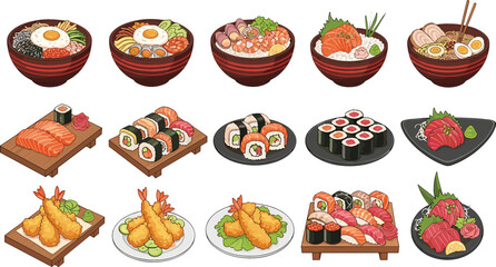 Japanese Food Set with Sushi, Ramen, Tempura, and Sashimi Illustration Collection for Asian Cuisine Menu Design, Restaurant Branding, and Traditional Culinary Graphics © Md