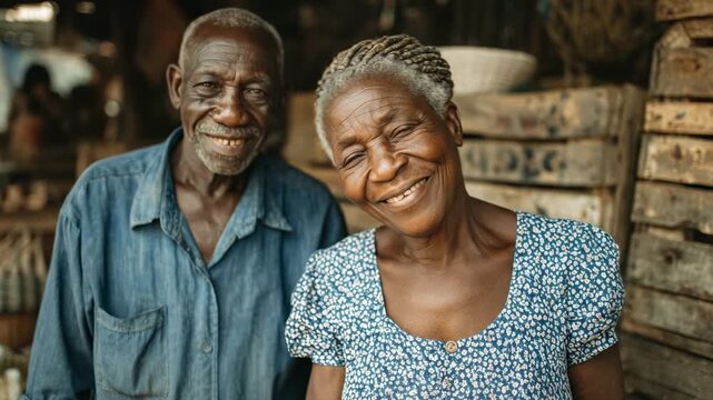 Smiling African senior couple. Portrait of a beautiful elderly woman and man sharing a joyful moment, representing longevity and happiness. Authentic lifestyle, warm expression, natural light.