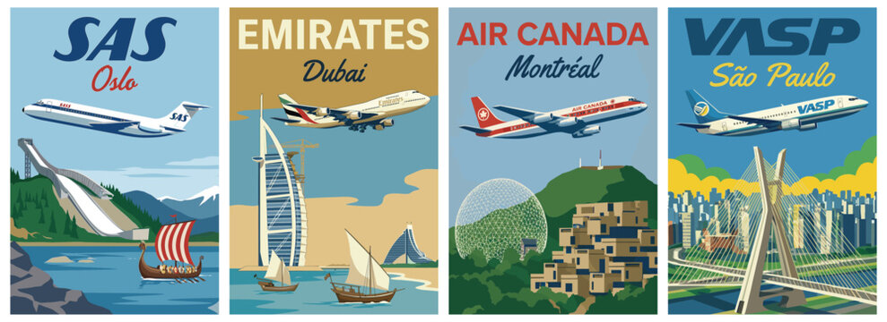 Vintage airline travel poster set. Including sas oslo, emirates dubai, air canada montreal, and vasp sao paulo. Retro vector illustration.