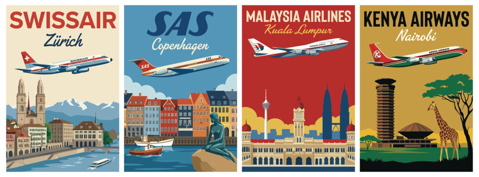 Vintage airline poster set. Including swissair zurich, sas copenhagen, malaysia airlines kuala lumpur, and kenya airways nairobi. Retro vector illustration.