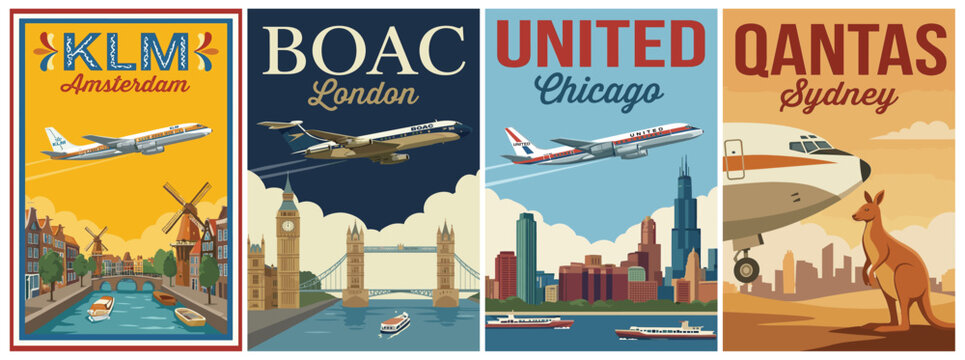 Vintage iconic airlines poster set. Including klm amsterdam, boac london, united chicago, and qantas sydney. Retro vector illustration.