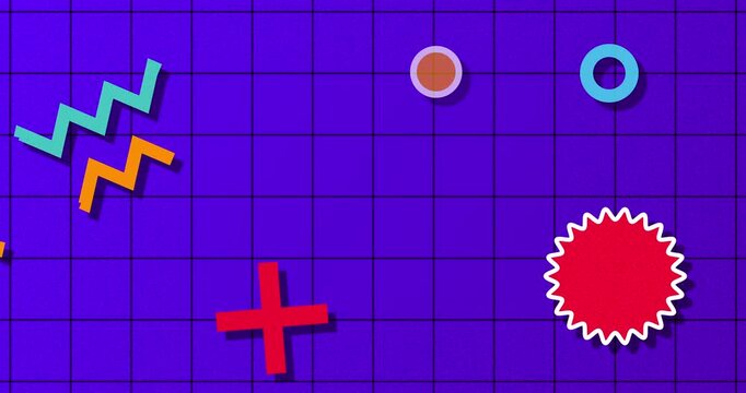 Memphis style noen themed nostalgic retro-themed accent shapes bg in 4K. Random geometric shapes moving grid 90s styled modern touch. Minimal pattern abstract movement. Choatic VCR pixelated.
