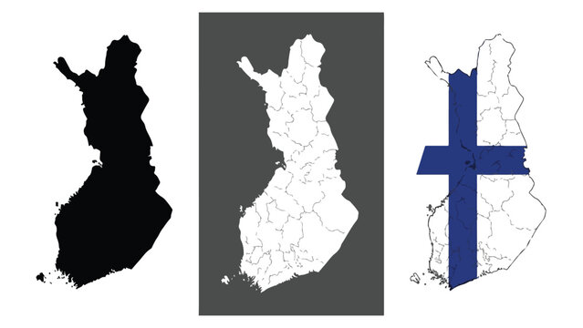 Finland map with flag and silhouette on white background