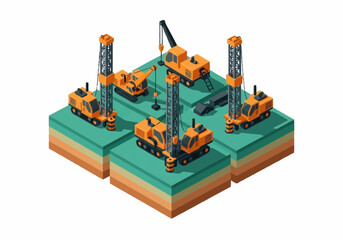 Construction Site With Heavy Machinery and Drilling Rigs Isometric View. © Sun