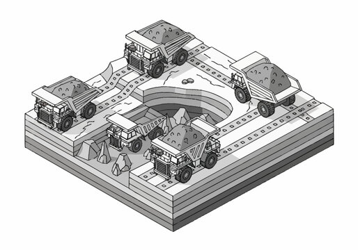 Mining trucks excavating a large open pit mine with layered earth.